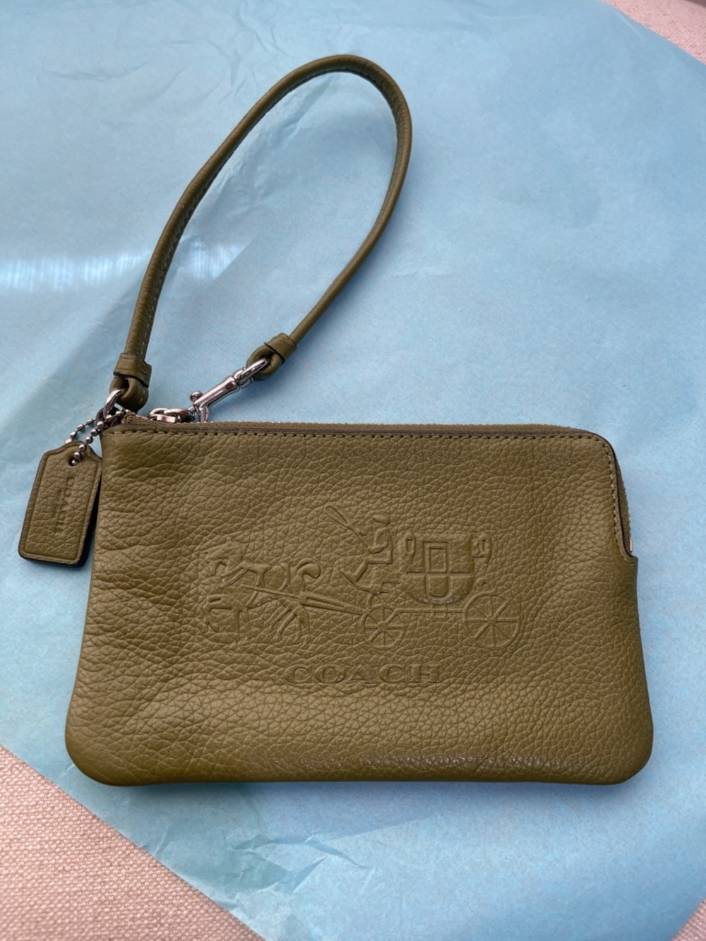 Coach Olive Green Pebbled Leather Wristlet with Embossed Carriage